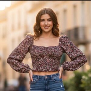 Et Clet - Floral Puff Sleeve Women's Top with Back Tie Closure -large